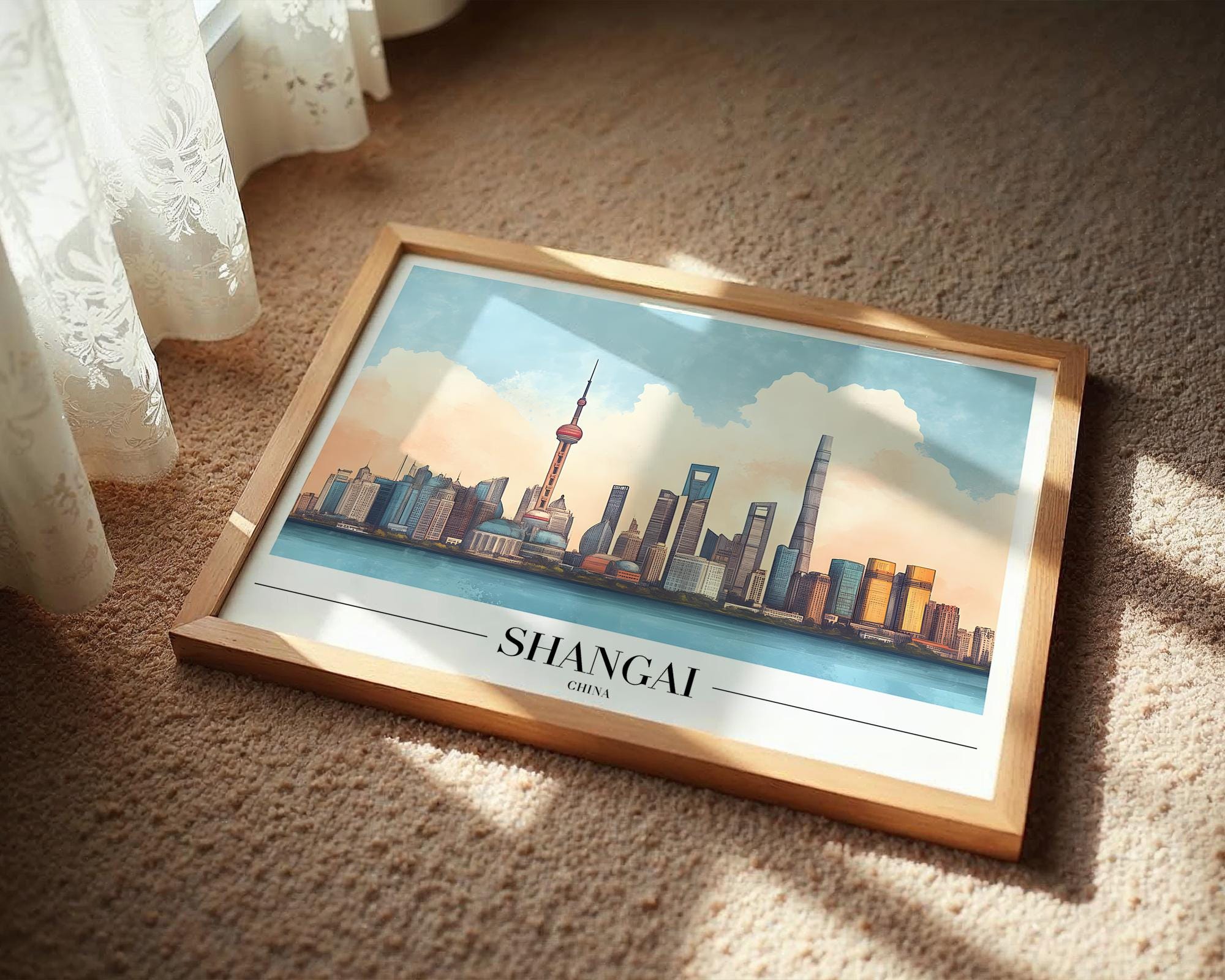 Shanghai Skyline Art Print | Modern China Travel Poster wall art print, modern home decor, unframed artwork by Nomad & Nest