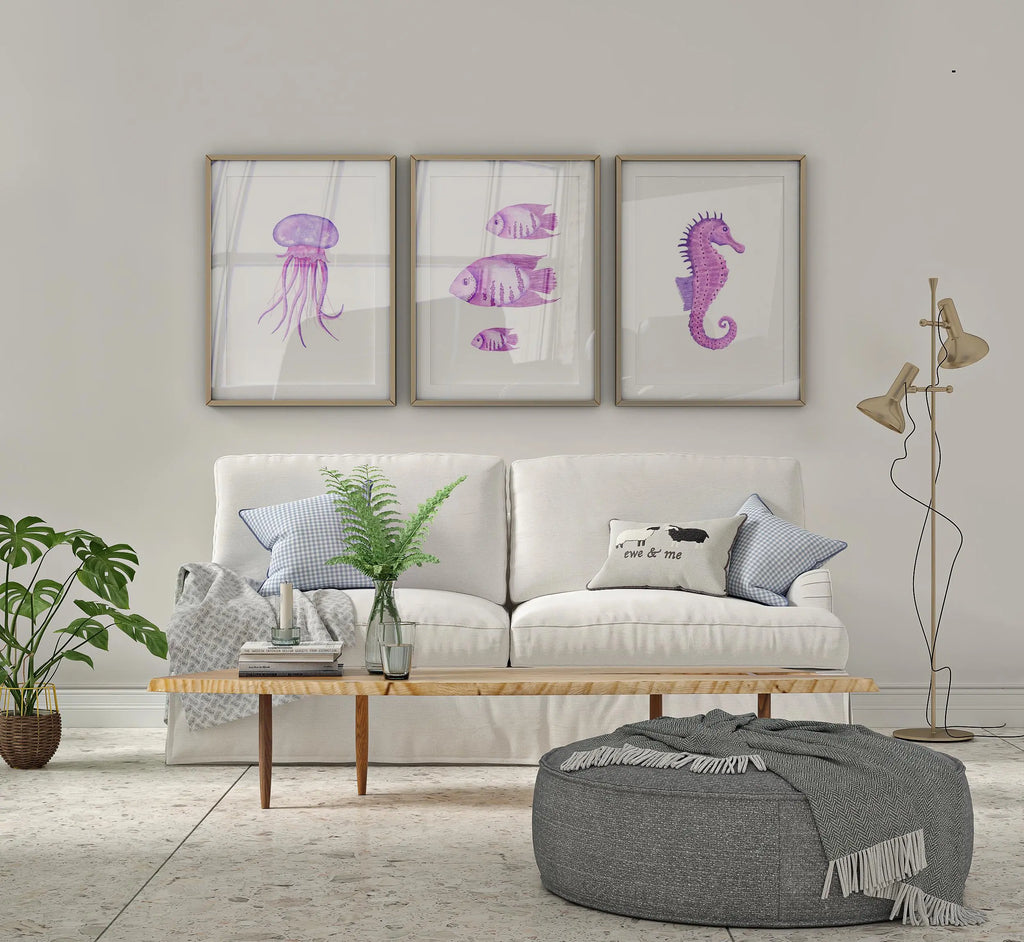 Colourful Prints | Purple Ocean Watercolor Print Set • Seahorse, Jellyfish & Fish Wall Art wall art print, modern home decor, unframed artwork by Nomad & Nest