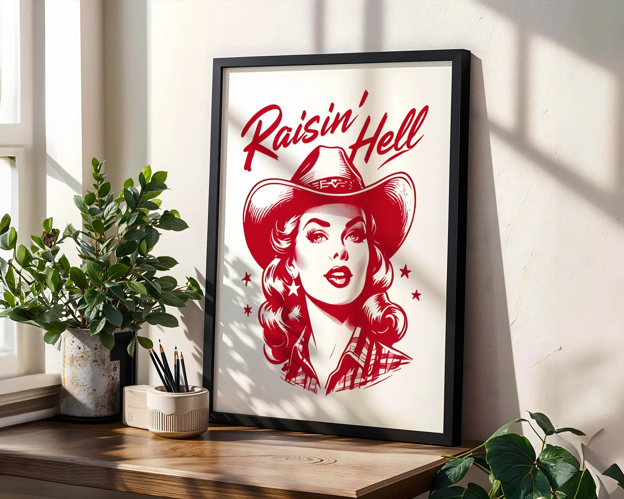 Positive Emotion | Raisin Hell Cowgirl Retro Art Print | Western Pin Up Cowgirl Wall Art wall art print, modern home decor, unframed artwork by Nomad & Nest