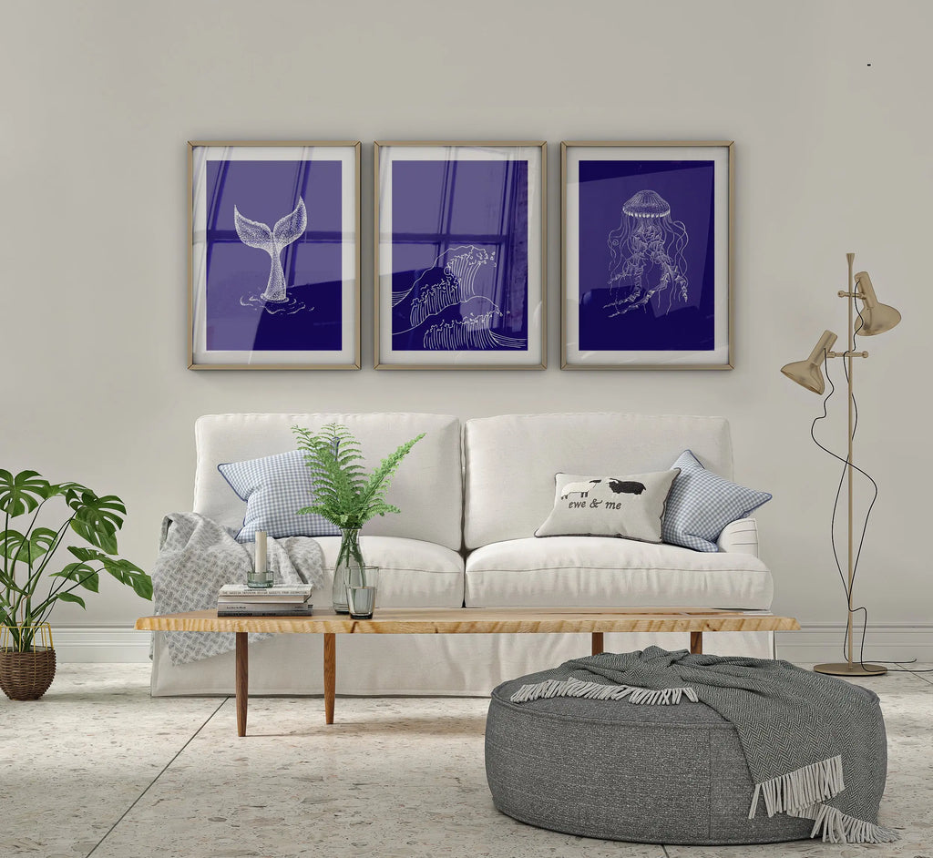 Colourful Prints | Navy Coastal Line Art Print Set | Jellyfish, Whale Tail, Wave (Set of 3) wall art print, modern home decor, unframed artwork by Nomad & Nest