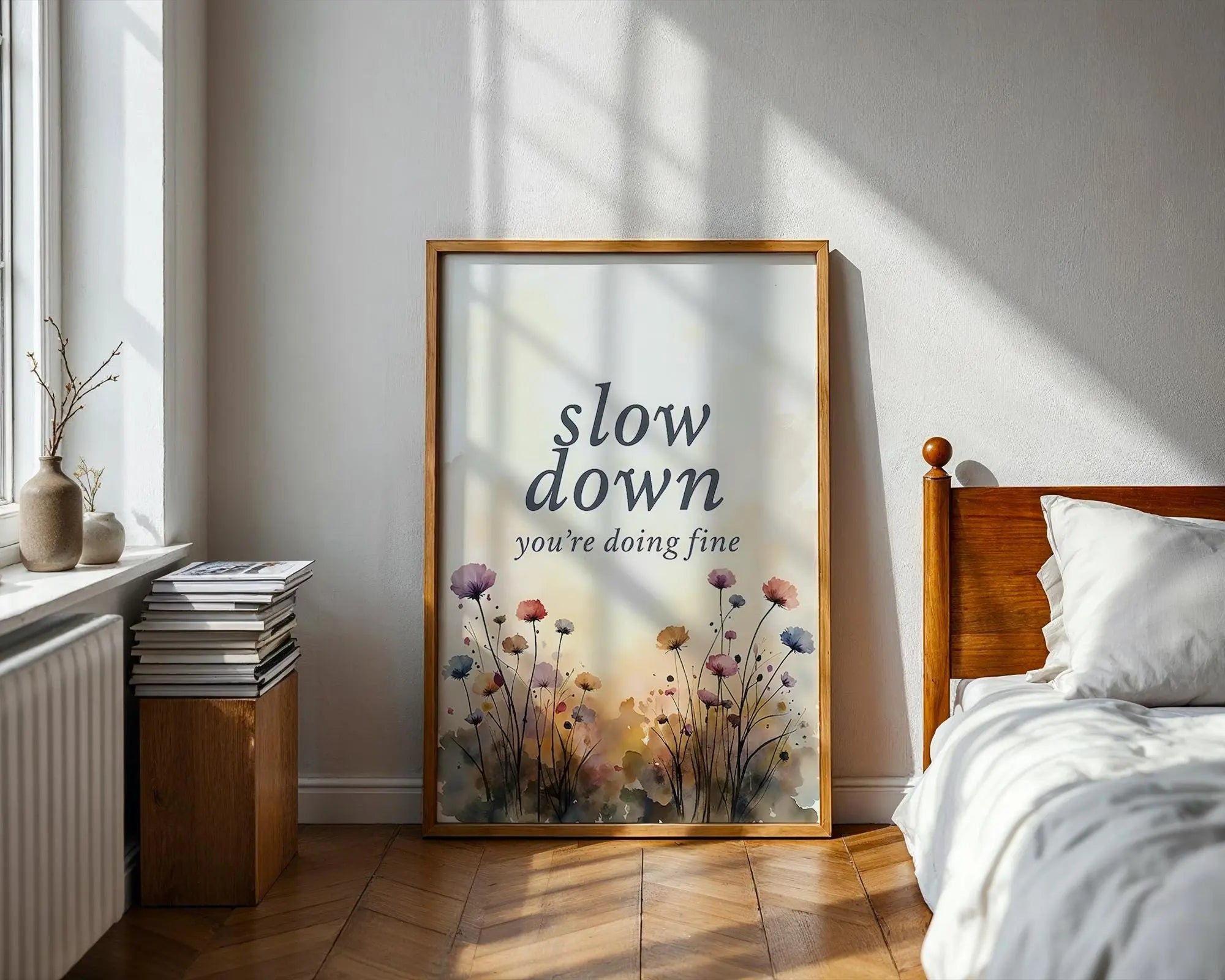 Positive Emotion | Slow Down You’re Doing Fine | Soft Floral Watercolour Encouragement Art wall art print, modern home decor, unframed artwork by Nomad & Nest