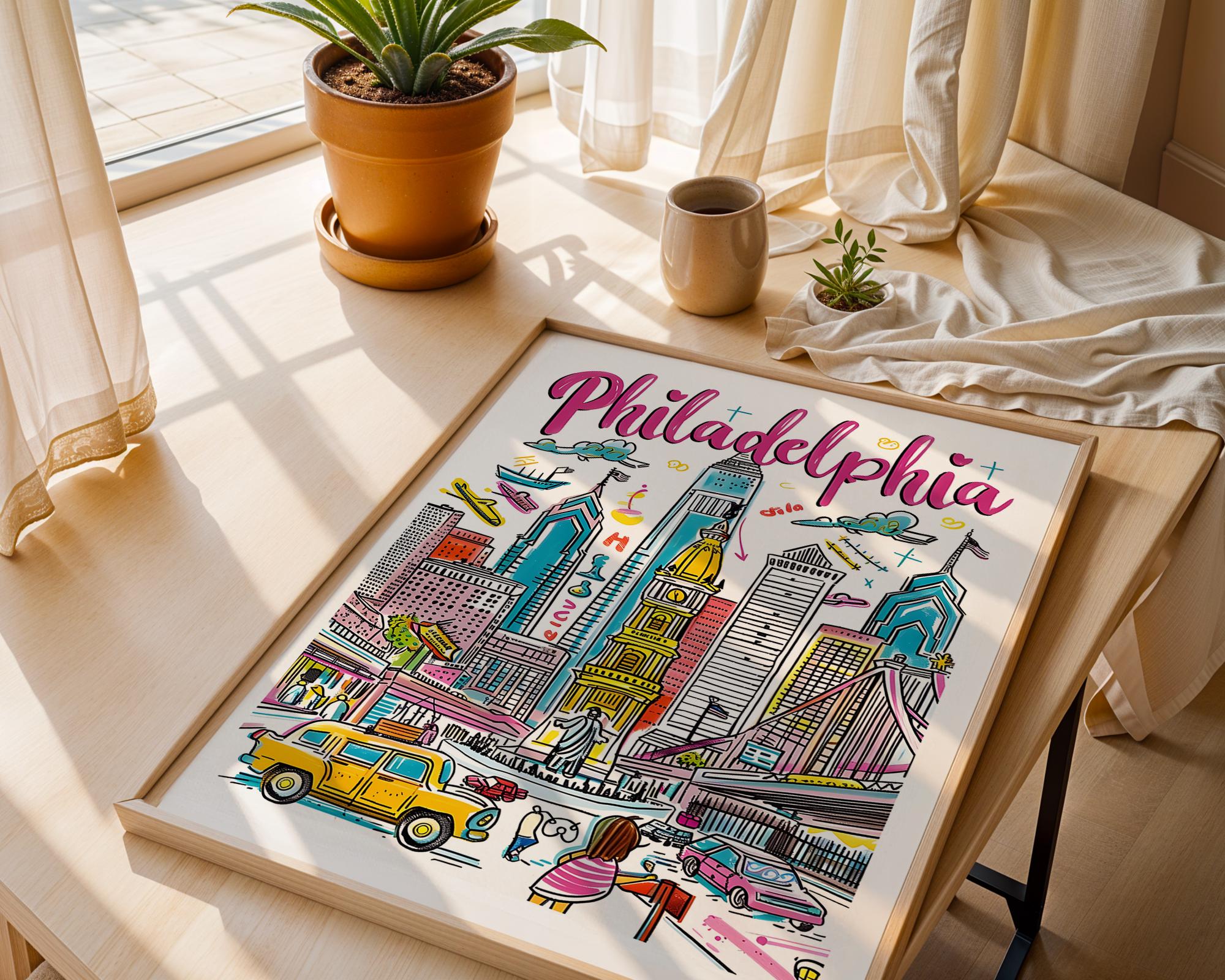 Philadelphia Travel Poster | Colorful City Skyline Art Print wall art print, modern home decor, unframed artwork by Nomad & Nest