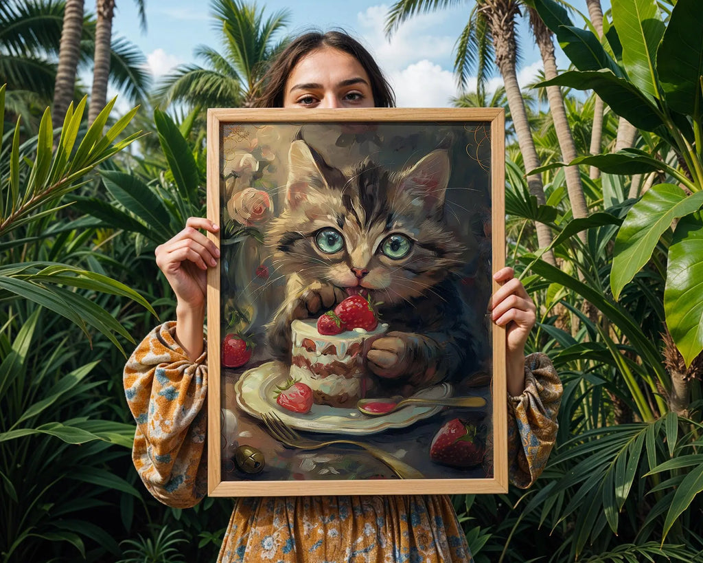 Tabby Kitten Eating Cake Art Print | Whimsical Oil Painting Style wall art print, modern home decor, unframed artwork by Nomad & Nest