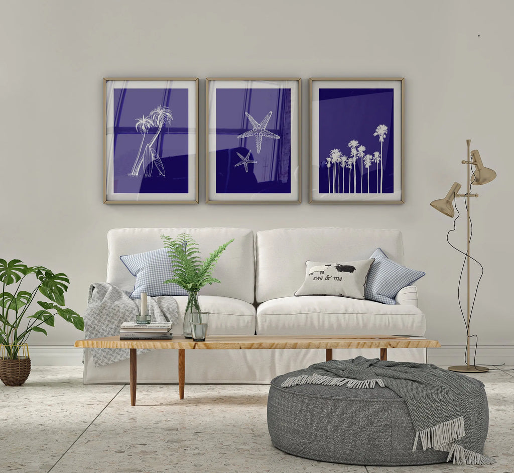 Colourful Prints | Deep Blue Beach Prints Set | Palm Trees, Starfish Art (Set of 3) wall art print, modern home decor, unframed artwork by Nomad & Nest