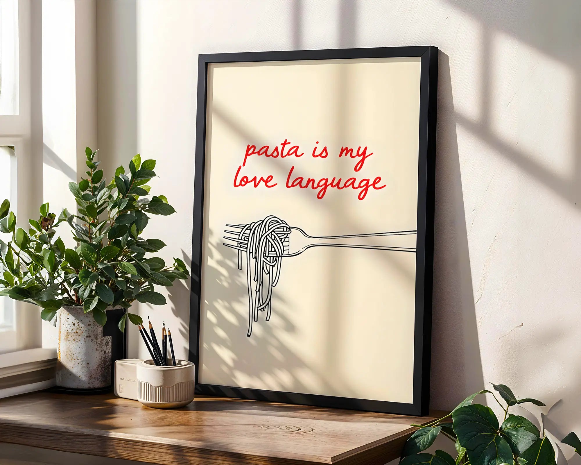 Positive Emotion | Pasta Is My Love Language Funny Kitchen Wall Art | Italian Food Quote Print | Minimal Line Art Poster wall art print, modern home decor, unframed artwork by Nomad & Nest