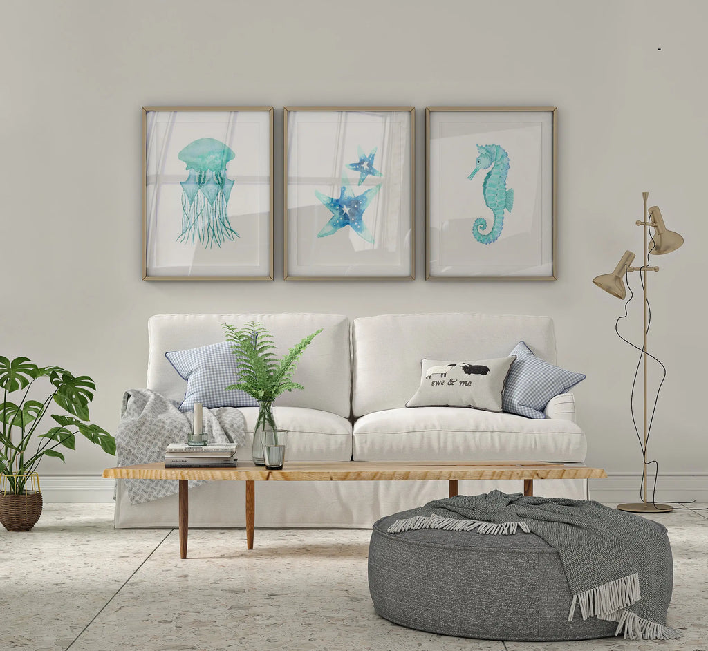Colourful Prints | Watercolour Sea Creatures Print Set | Coastal Bathroom Decor (Set of 3) wall art print, modern home decor, unframed artwork by Nomad & Nest