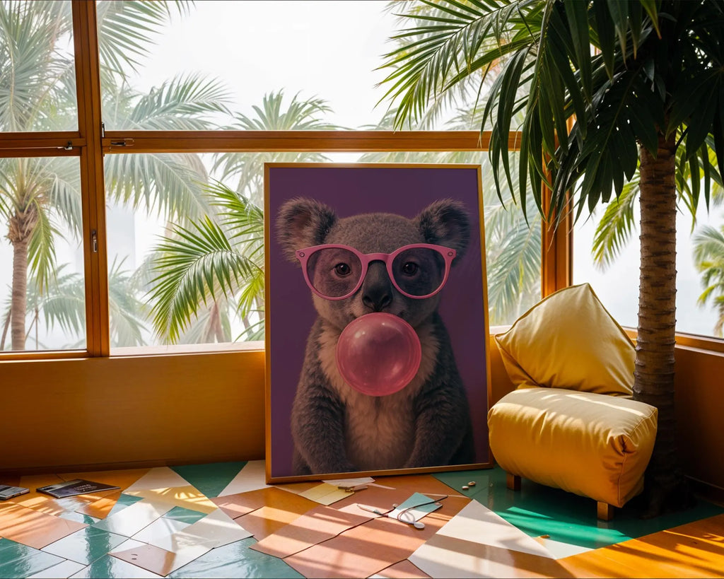 Colourful Prints | Koala Bubblegum Print | Funky Animal Art with Pink Glasses wall art print, modern home decor, unframed artwork by Nomad & Nest