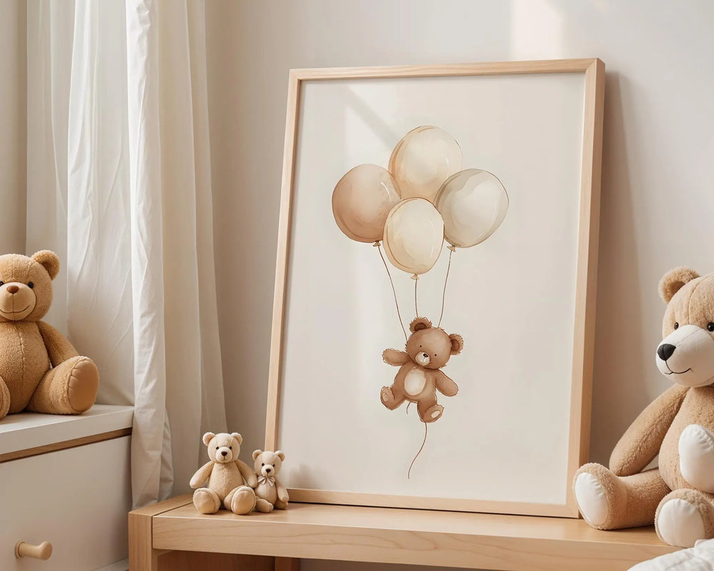 Playroom Ideas | Bear Balloons Nursery Wall Art | Neutral Baby Animal Print wall art print, modern home decor, unframed artwork by Nomad & Nest