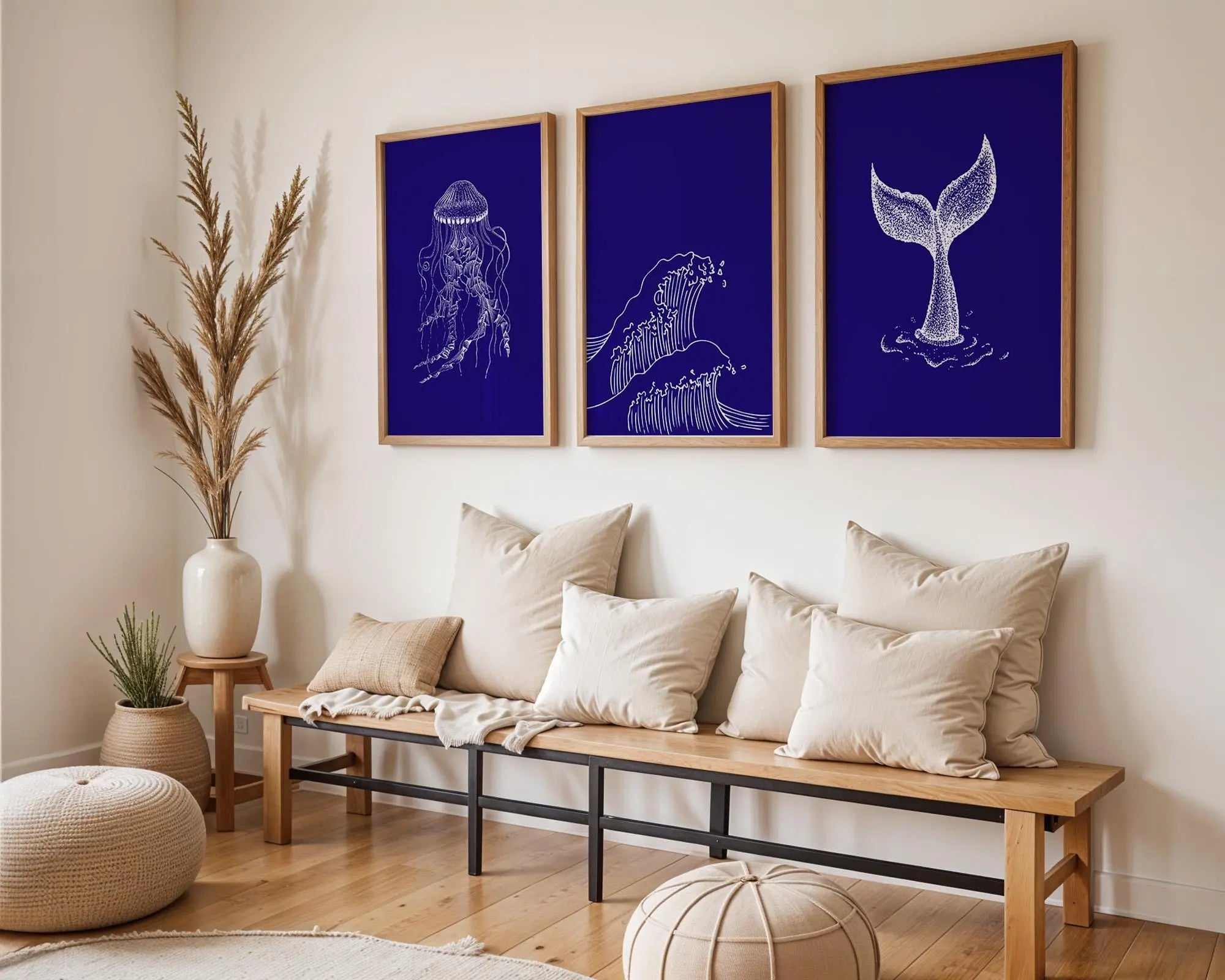 Colourful Prints | Navy Coastal Line Art Print Set | Jellyfish, Whale Tail, Wave wall art print, modern home decor, unframed artwork by Nomad & Nest