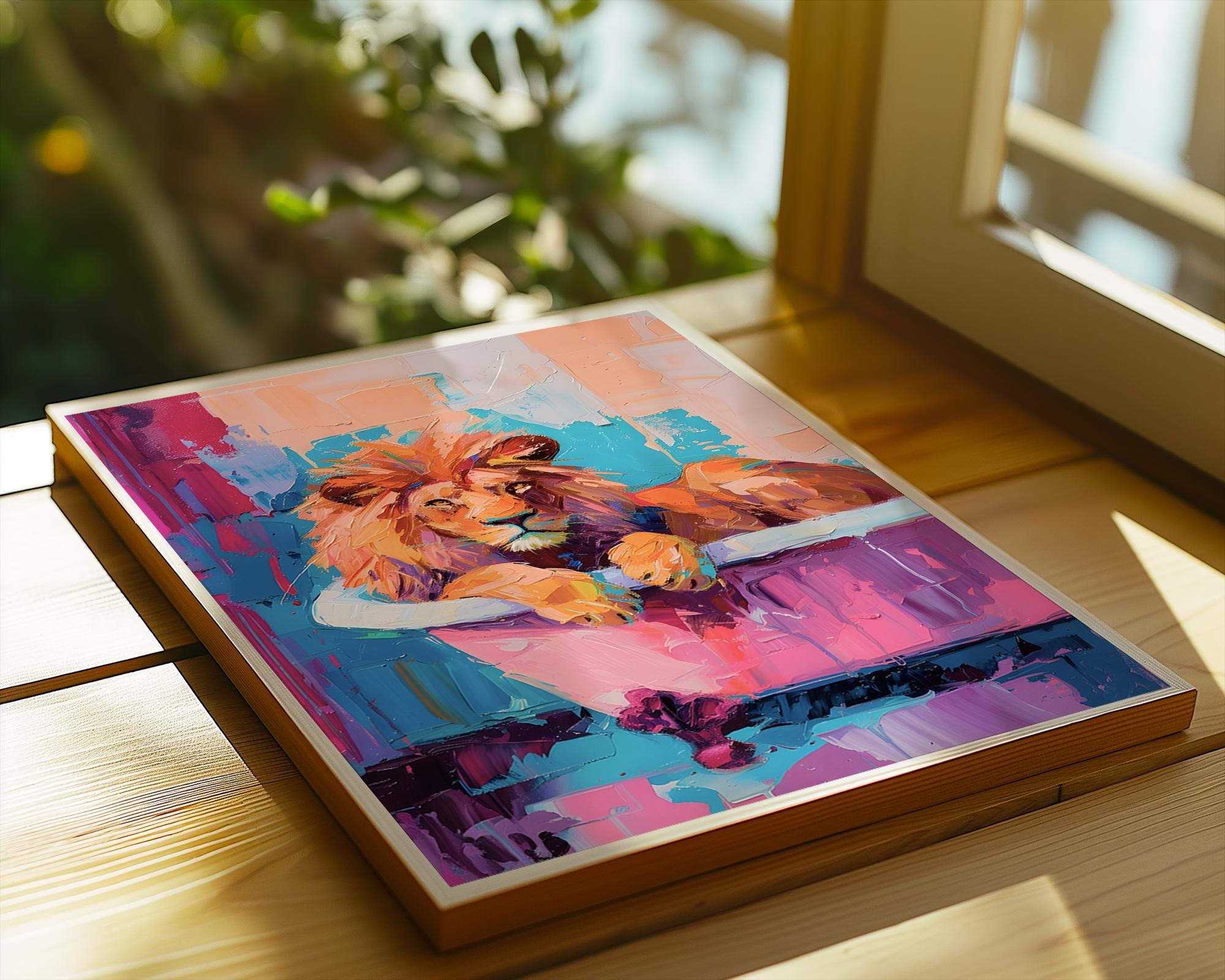 Colourful Prints | Abstract Lion Bath Print |  Jungle Animal Wall Art wall art print, modern home decor, unframed artwork by Nomad & Nest