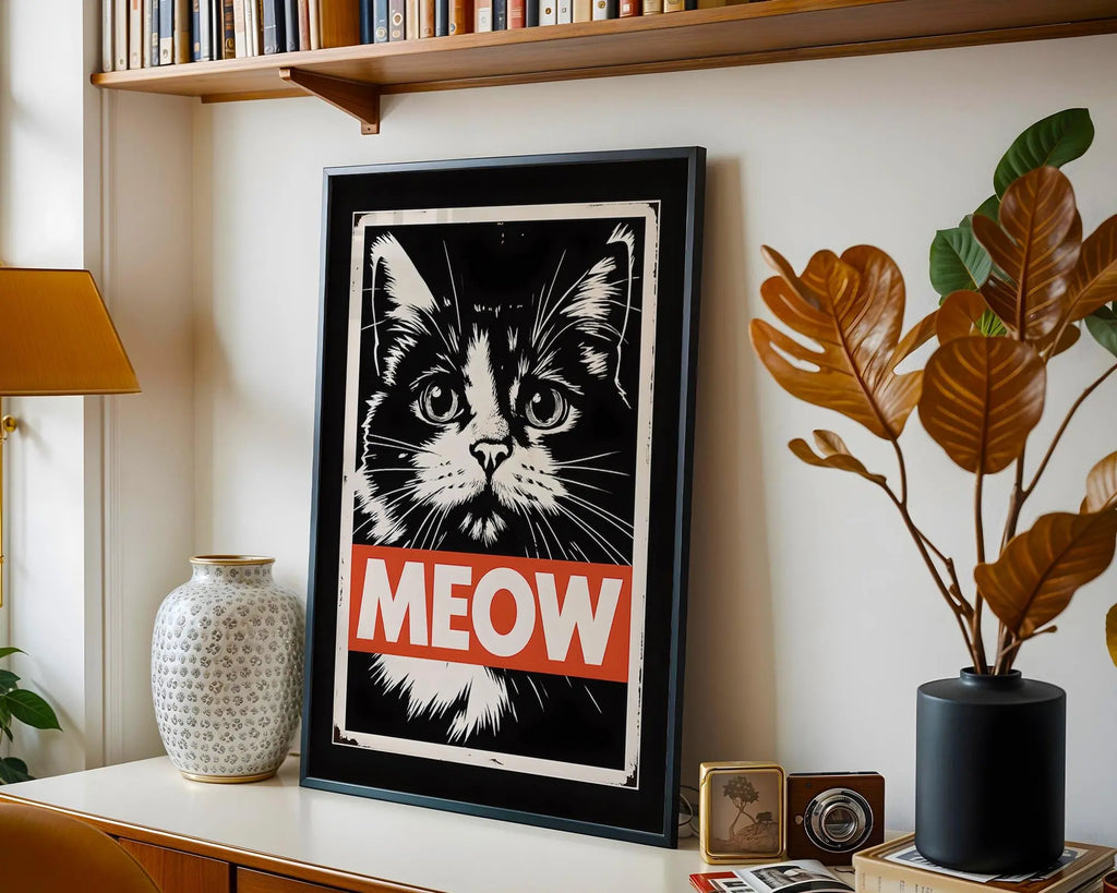 Meow Cat Art Print | Vintage Feline Poster, Black and White wall art print, modern home decor, unframed artwork by Nomad & Nest