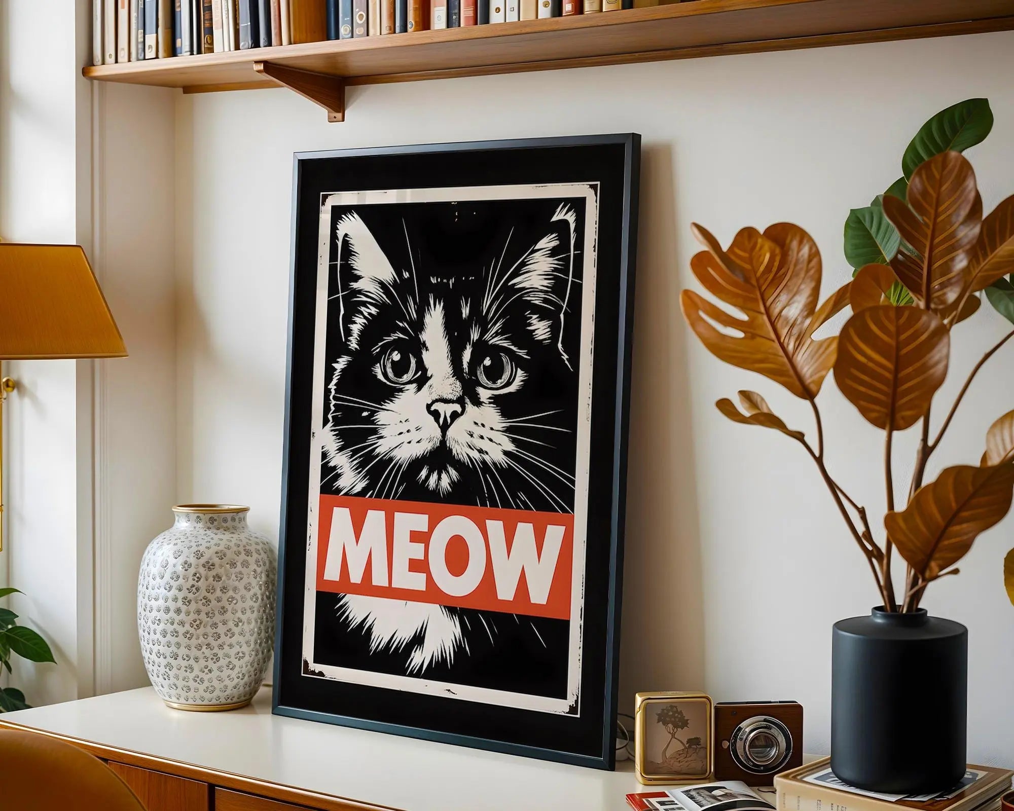 Meow Cat Art Print | Vintage Feline Poster, Black and White wall art print, modern home decor, unframed artwork by Nomad & Nest
