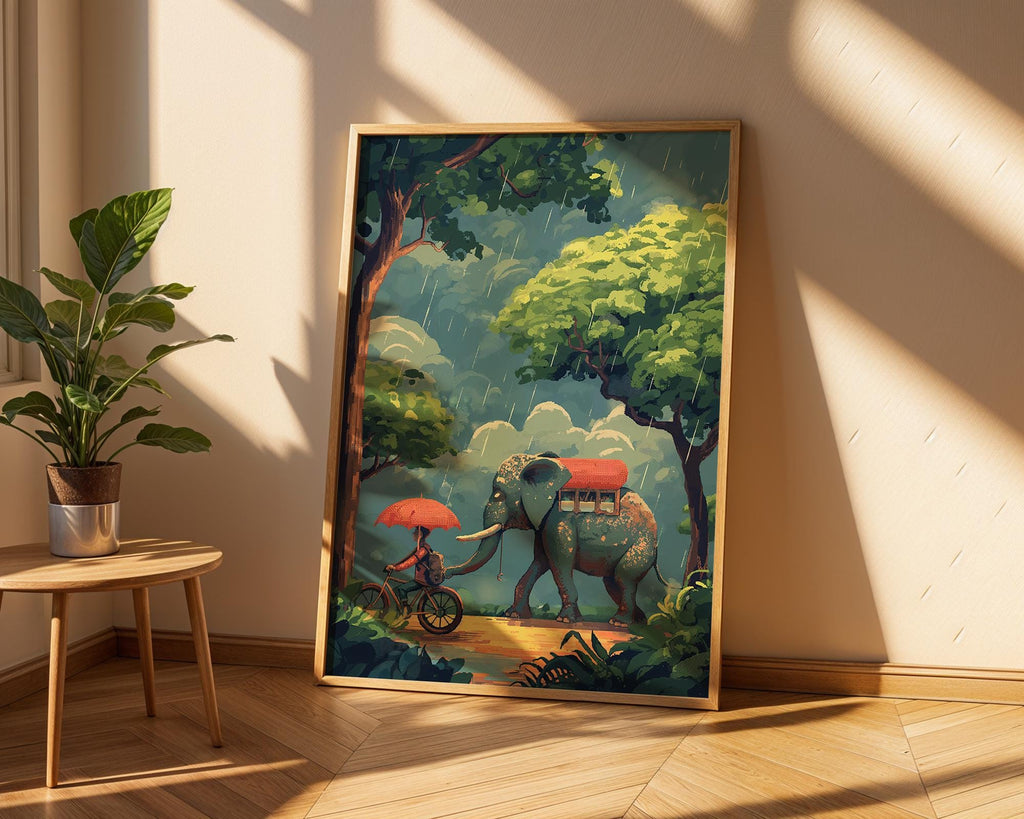 Elephant and Boy Rainy Day Print | Whimsical Friendship Wall Art wall art print, modern home decor, unframed artwork by Nomad & Nest