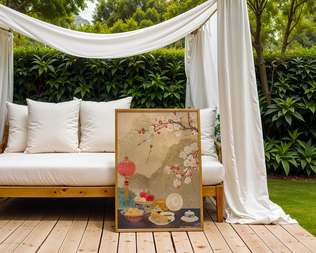 Oriental Tea Ceremony Print | Cherry Blossom, Lanterns Asian Wall Art wall art print, modern home decor, unframed artwork by Nomad & Nest