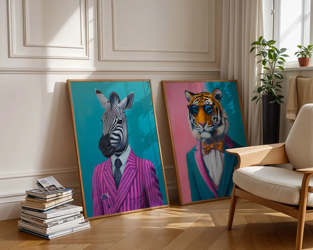 Colourful Prints | Zebra and Tiger Dressed in Suits | Animal Portrait (Set of 2) wall art print, modern home decor, unframed artwork by Nomad & Nest