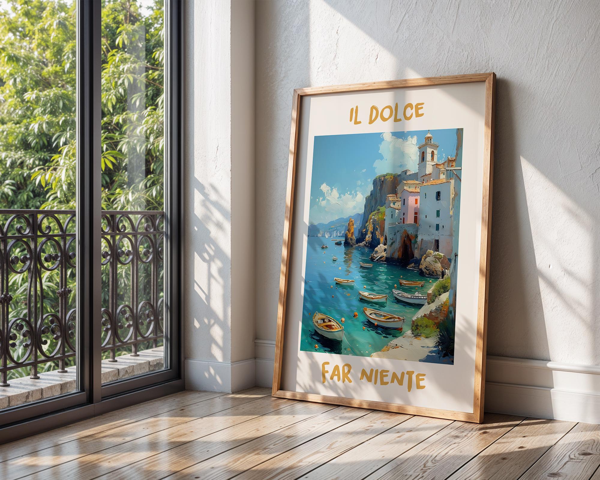 Colourful Prints | Il Dolce Far Niente Print | Italian Coastal Art, Boat Painting wall art print, modern home decor, unframed artwork by Nomad & Nest