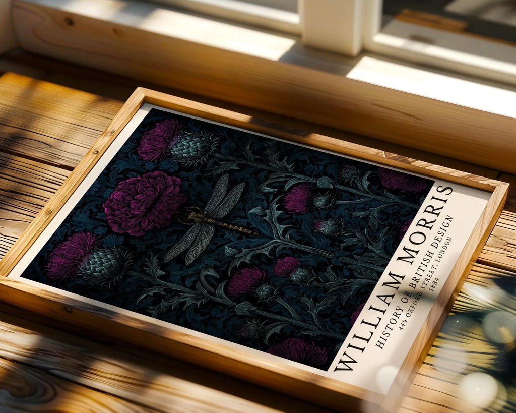 William Morris Print Dragonfly & Thistle Art  | Gothic Botanical Poster wall art print, modern home decor, unframed artwork by Nomad & Nest