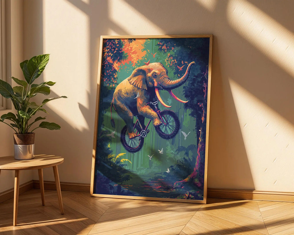 Elephant on Bicycle Print | Whimsical Jungle Animal Art wall art print, modern home decor, unframed artwork by Nomad & Nest