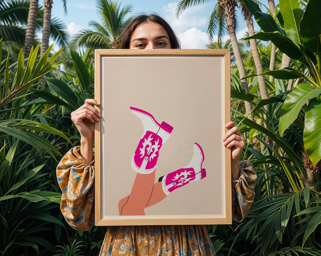 Pink Cowboy Boots Art Print | Retro Cowgirl Home Decor wall art print, modern home decor, unframed artwork by Nomad & Nest