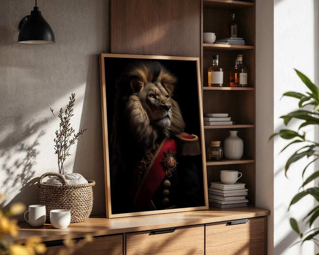 Majestic Lion Portrait Print | Regal Animal in Military Uniform wall art print, modern home decor, unframed artwork by Nomad & Nest