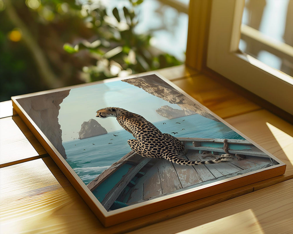 Colourful Prints | Cheetah on Boat Art Print | Coastal Safari Wall Decor wall art print, modern home decor, unframed artwork by Nomad & Nest