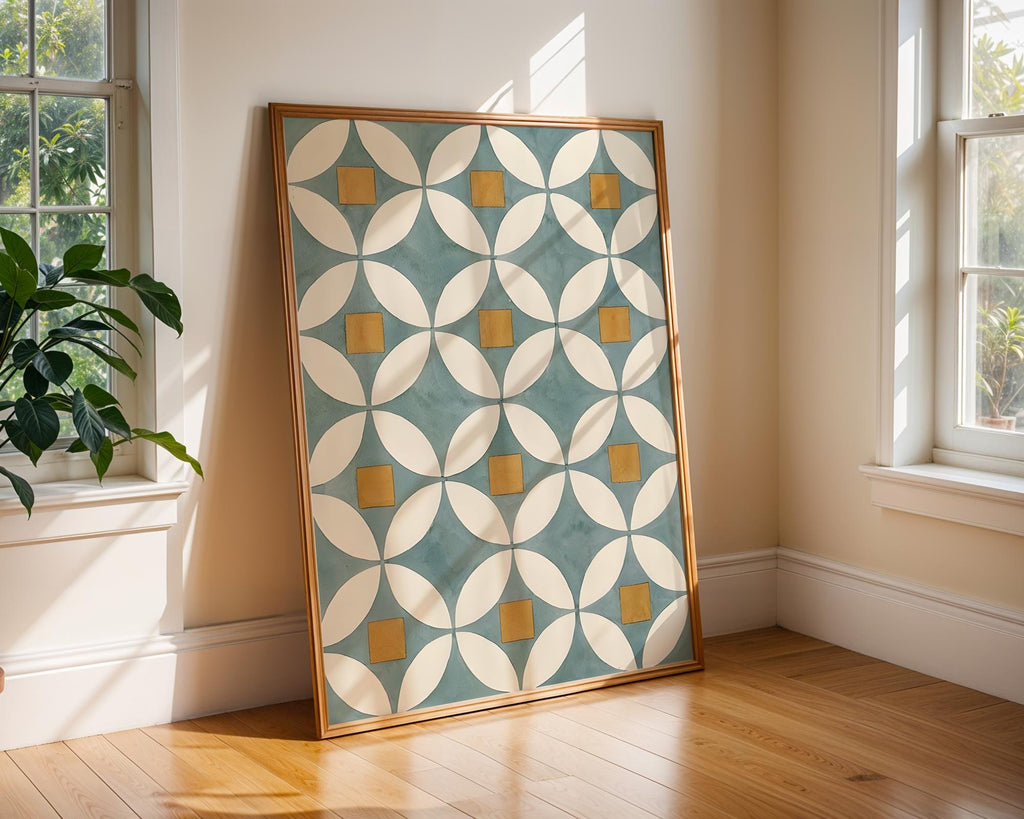 Midcentury Geometric Art Print | Blue, Gold, and White Poster wall art print, modern home decor, unframed artwork by Nomad & Nest