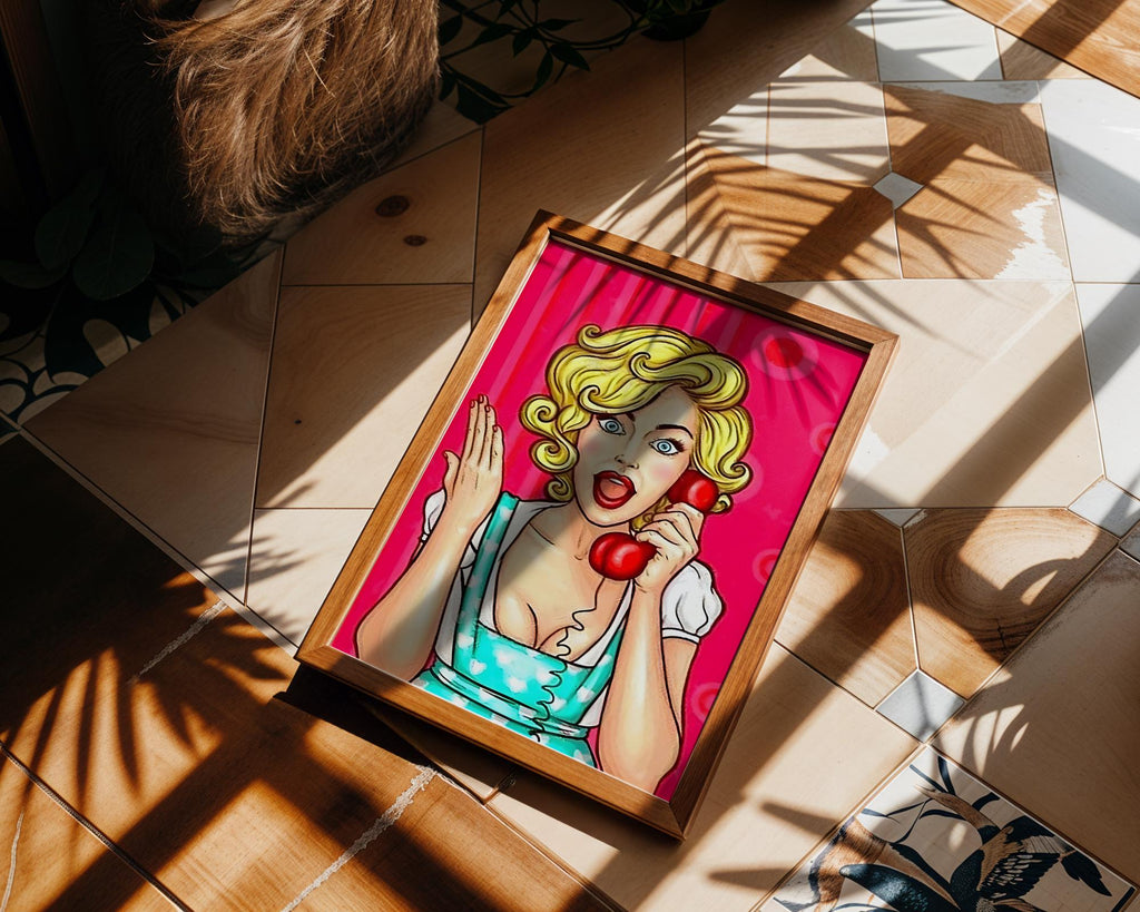 Modern Pop Art | Retro  Print | 1950s Blonde Woman on Phone, Mid-Century Modern wall art print, modern home decor, unframed artwork by Nomad & Nest