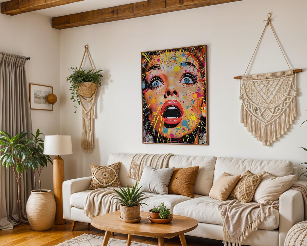 Modern Pop Art | Woman Poster | Shocked Expression, Colorful Paint Splatter wall art print, modern home decor, unframed artwork by Nomad & Nest