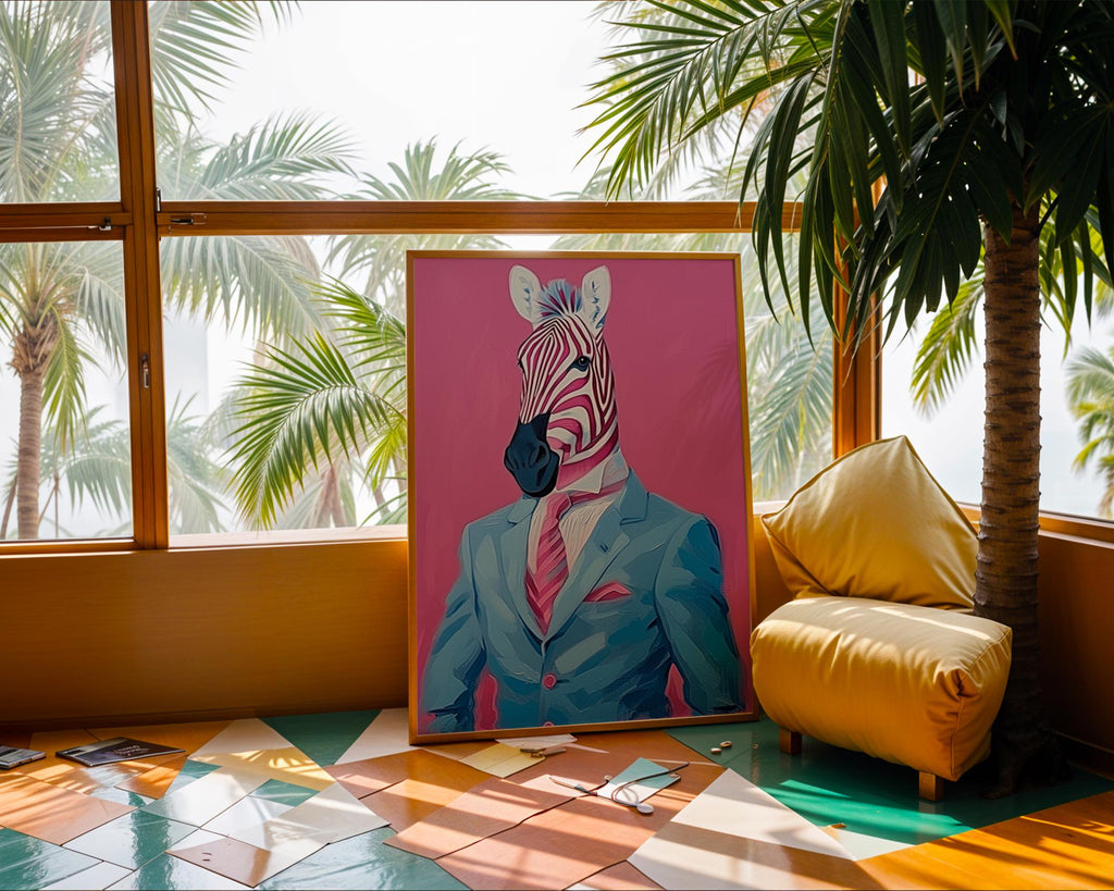 Colourful Prints | Zebra in Suit Art Print | Quirky Animal Portrait, Pink Jungle wall art print, modern home decor, unframed artwork by Nomad & Nest