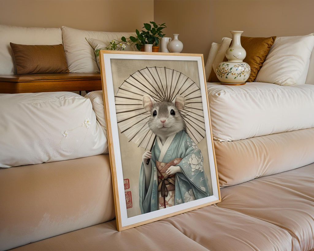 Japanese Poster | Kimono Mouse Art Print –  Zen Animal wall art print, modern home decor, unframed artwork by Nomad & Nest