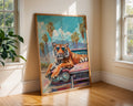 Colourful Prints | Sunglass Tiger Cadillac Print | Retro Tropical Wall Art wall art print, modern home decor, unframed artwork by Nomad & Nest