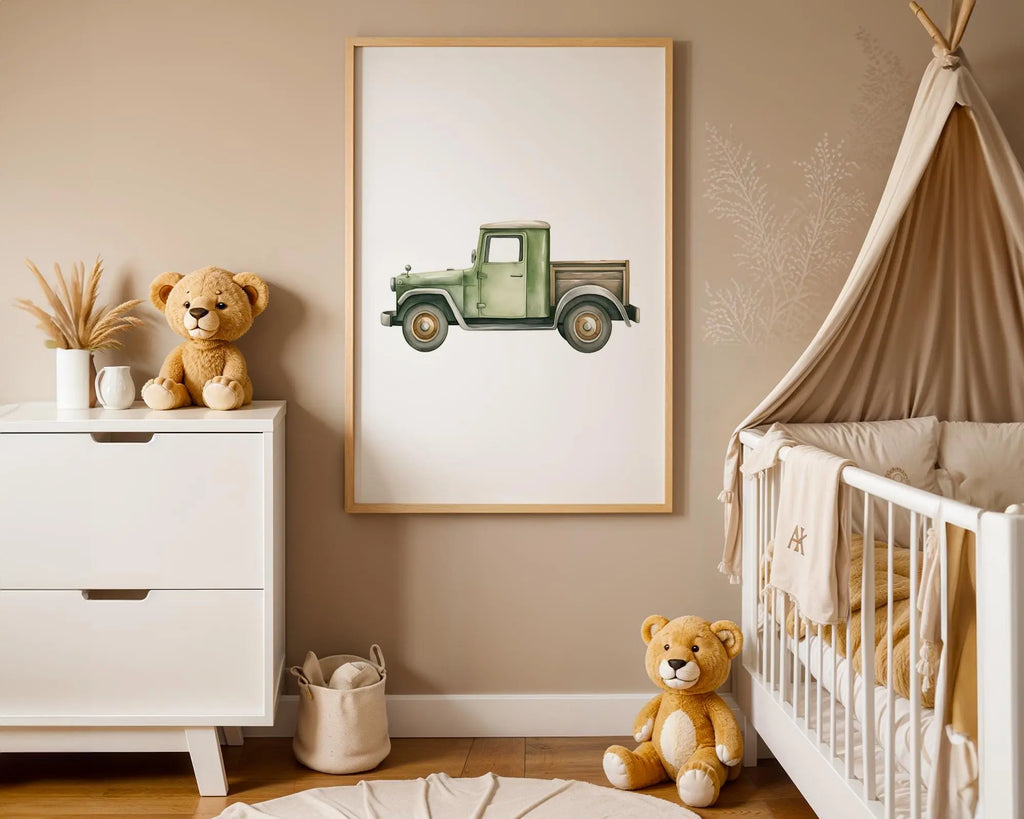 Playroom Ideas | Vintage Green Truck Nursery Wall Art Classic Vehicle Print wall art print, modern home decor, unframed artwork by Nomad & Nest