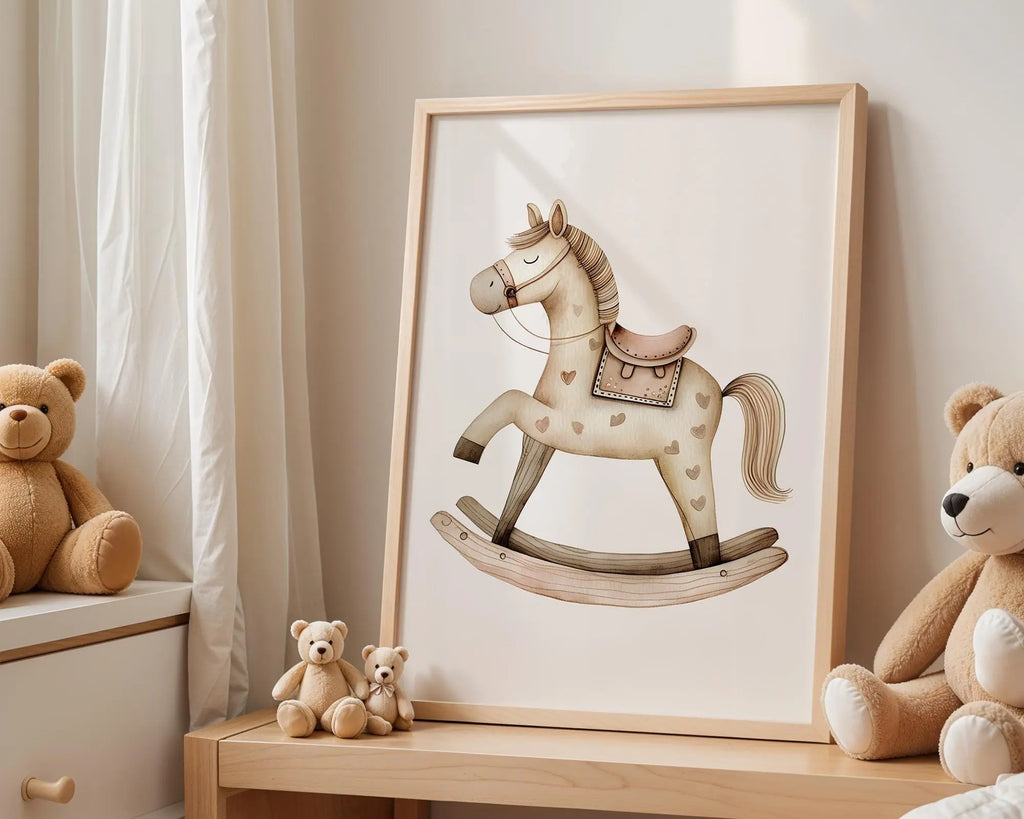Playroom Ideas | Rocking Horse Nursery Wall Art | Neutral Vintage Toy Print wall art print, modern home decor, unframed artwork by Nomad & Nest