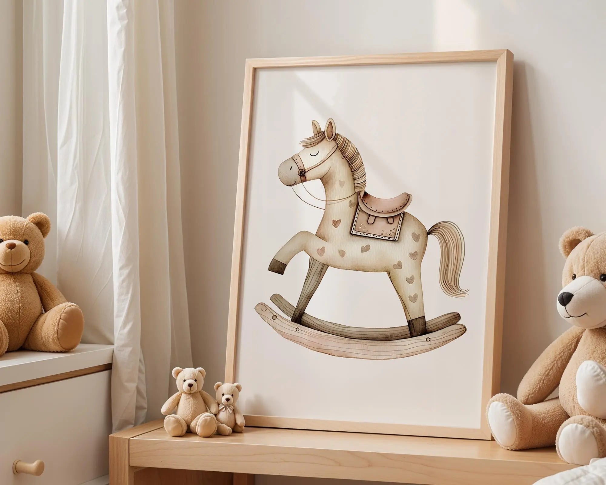 Playroom Ideas | Rocking Horse Nursery Wall Art | Neutral Vintage Toy Print wall art print, modern home decor, unframed artwork by Nomad & Nest