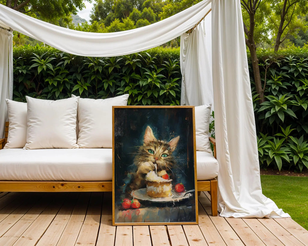 Kitten Eating Cake Art Print | Whimsical Dark Academia Decor wall art print, modern home decor, unframed artwork by Nomad & Nest