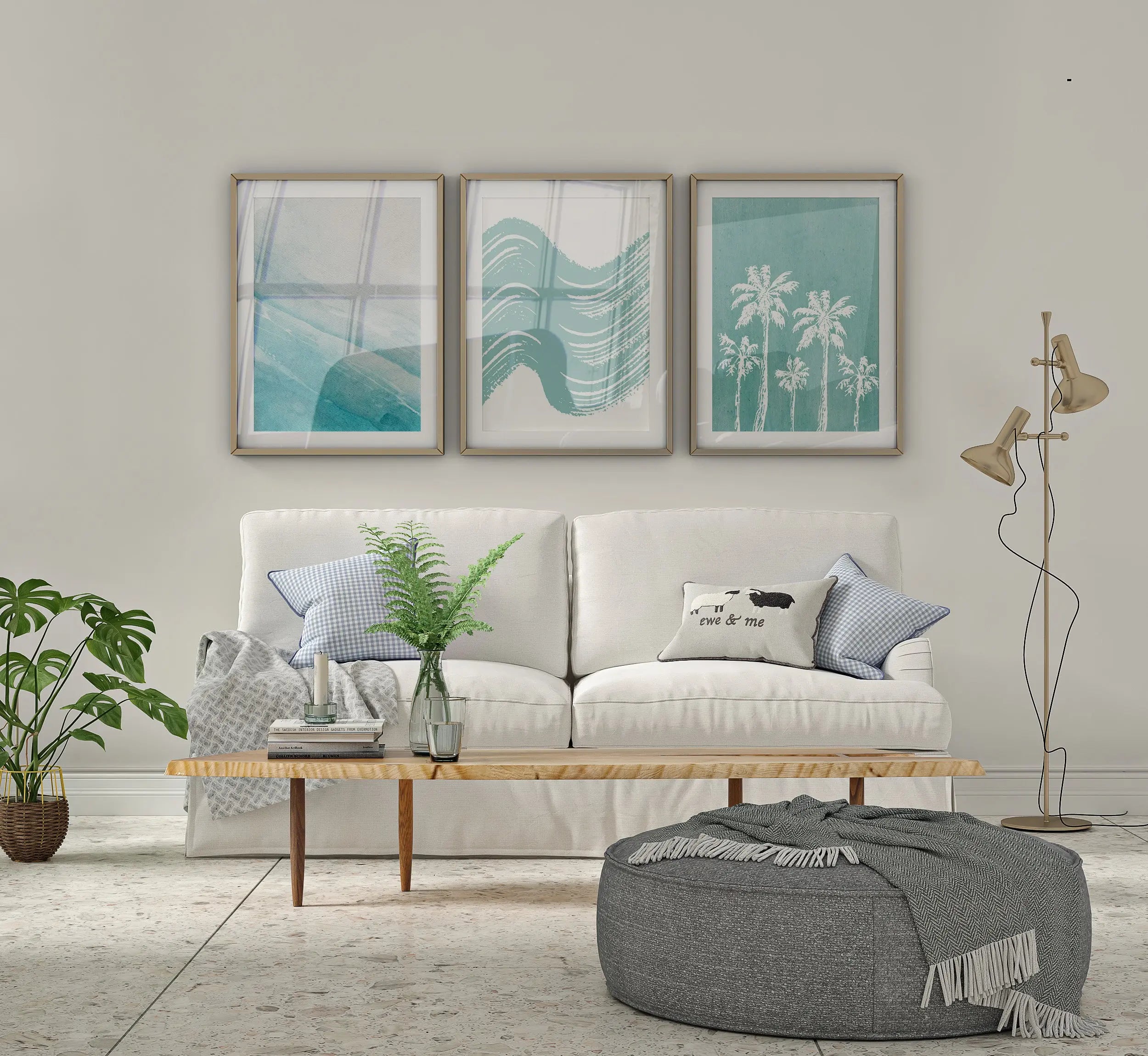 Colourful Prints | Coastal Palm Tree Print Set Ocean Waves, Boho Beach House Art (Set of 3) wall art print, modern home decor, unframed artwork by Nomad & Nest