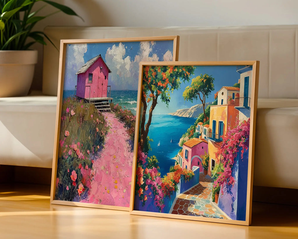 Colourful Prints | Coastal Art Print Set |Pink Beach House & Mediterranean Village (Set of 2) wall art print, modern home decor, unframed artwork by Nomad & Nest