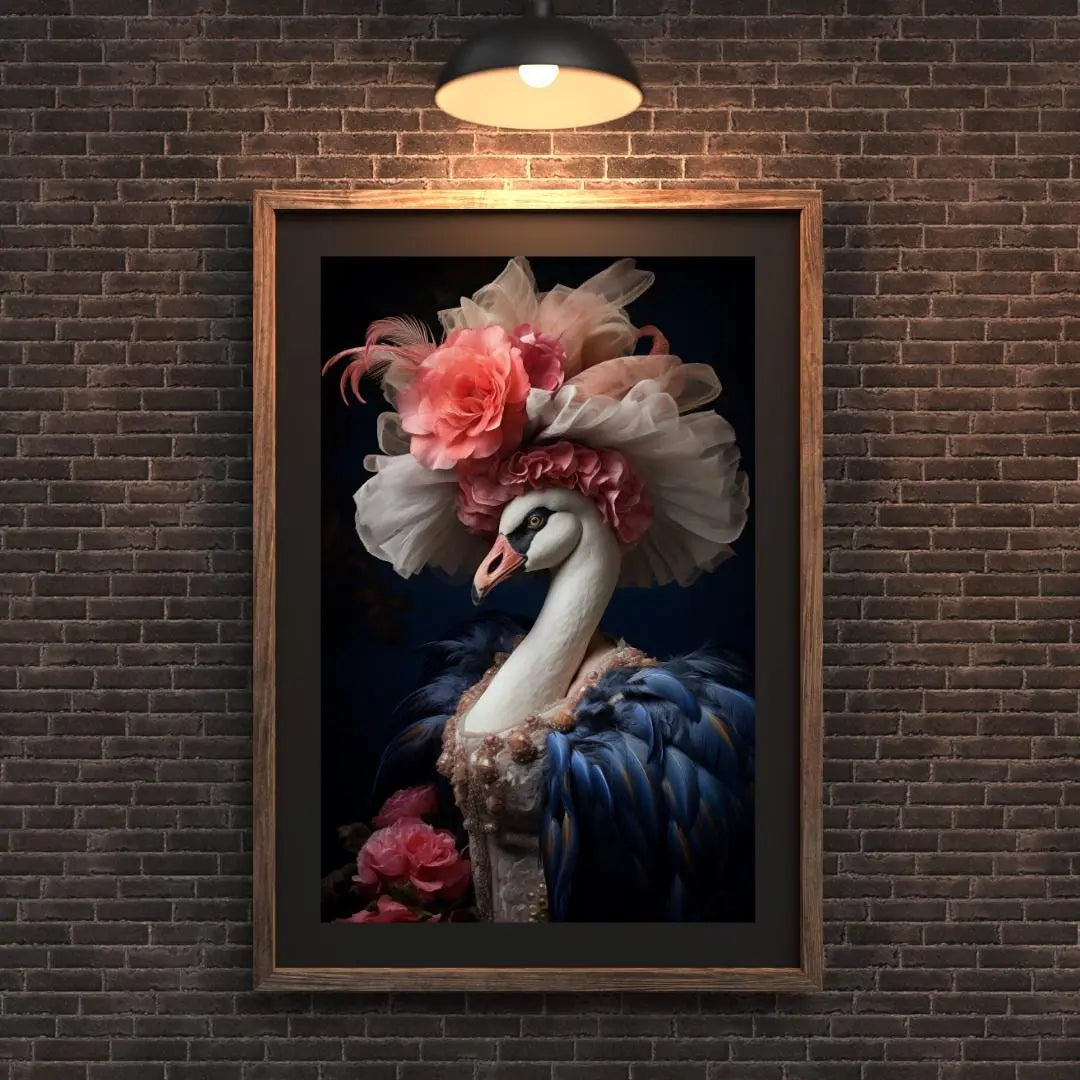 Elegant Swan Art Print | Couture Gown, Floral Hat wall art print, modern home decor, unframed artwork by Nomad & Nest
