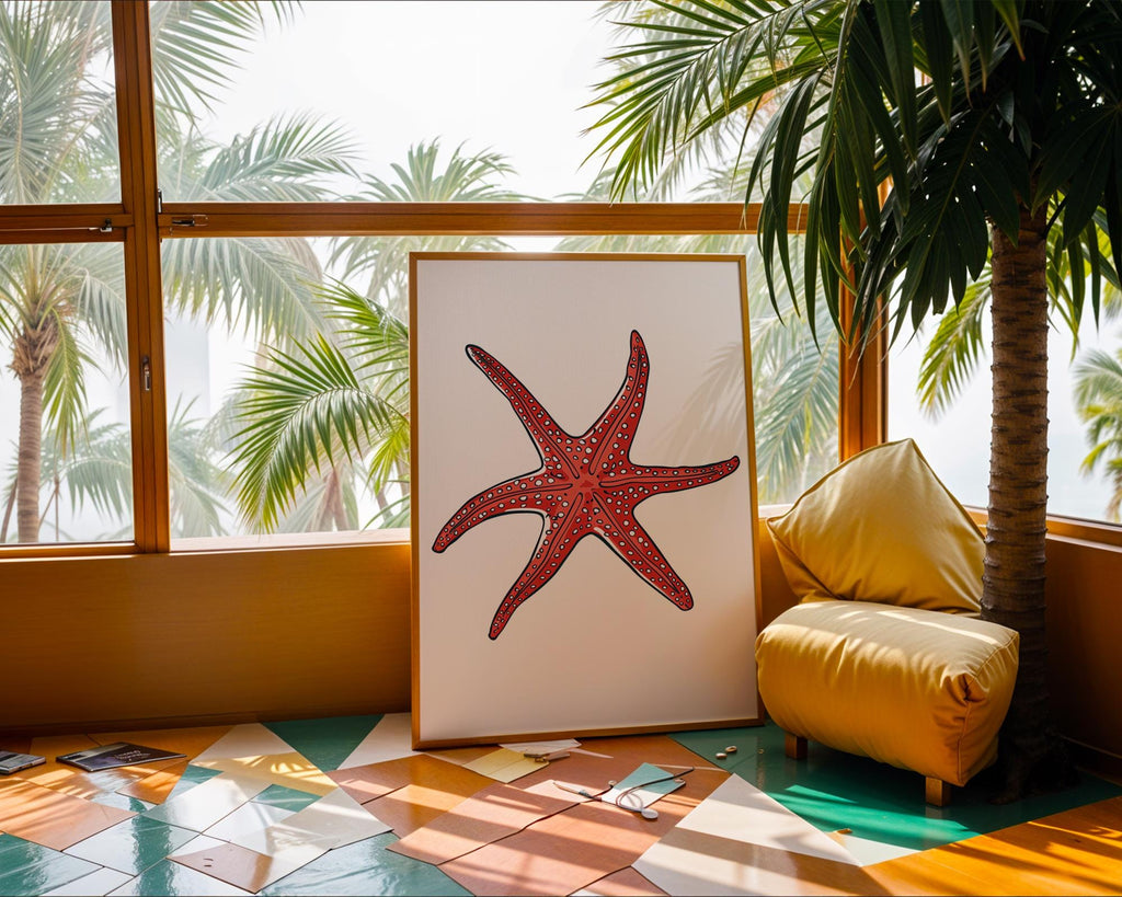 Bright Red Starfish Print, Coastal Sea Life Poster wall art print, modern home decor, unframed artwork by Nomad & Nest
