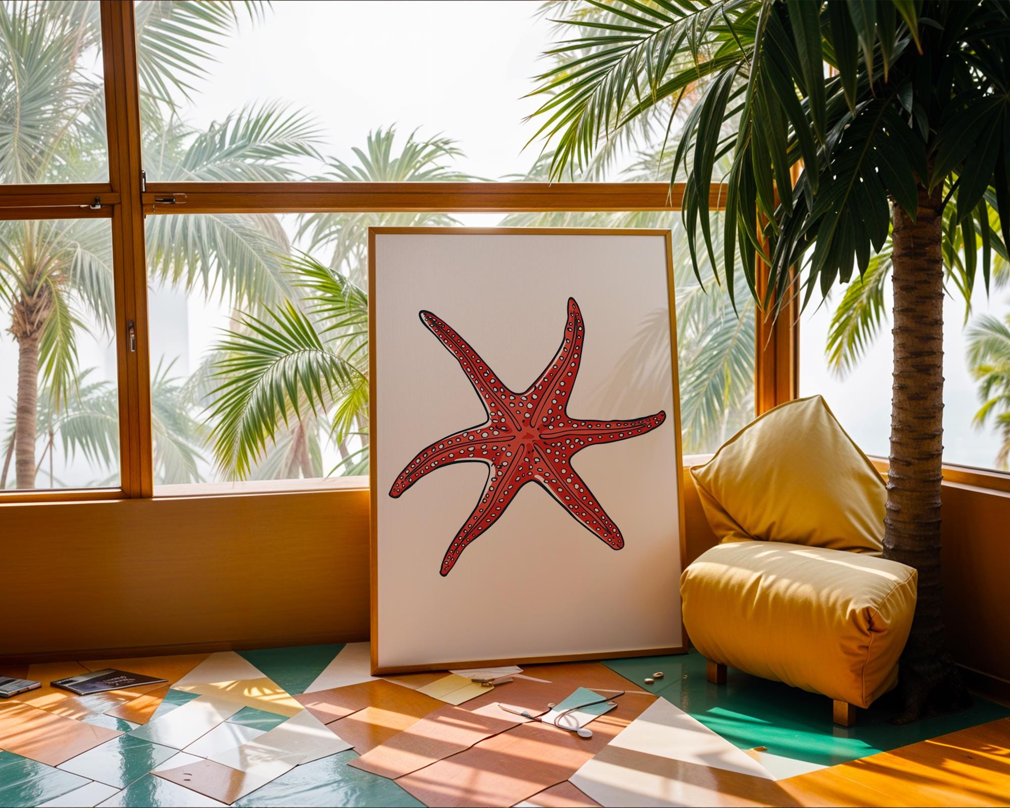 Bright Red Starfish Print, Coastal Sea Life Poster wall art print, modern home decor, unframed artwork by Nomad & Nest