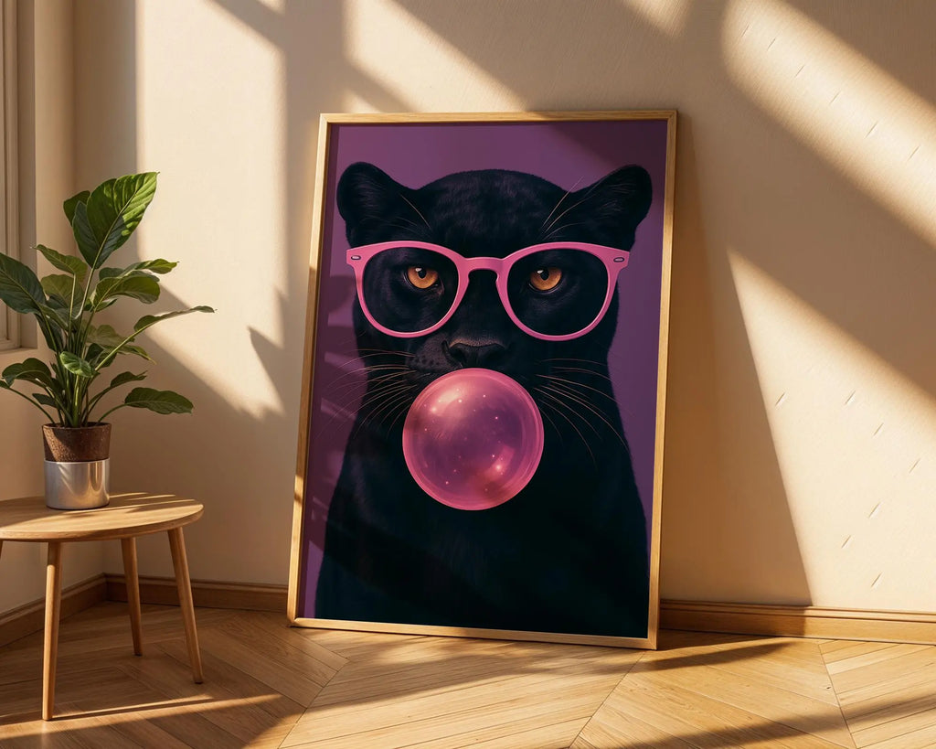 Colourful Prints | Panther with Bubblegum Print | Funky Animal Wall Art wall art print, modern home decor, unframed artwork by Nomad & Nest
