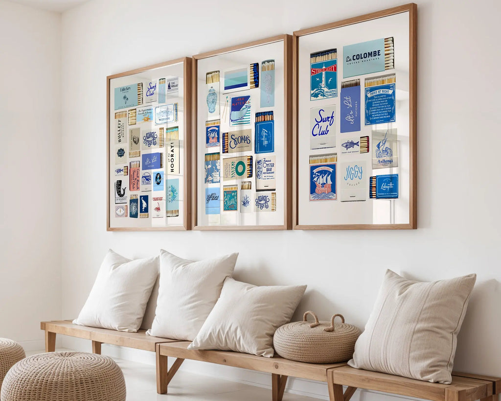 Colourful Prints | Retro Matchbook Art Print Set | Coastal Summer Collage (Set of 3) wall art print, modern home decor, unframed artwork by Nomad & Nest