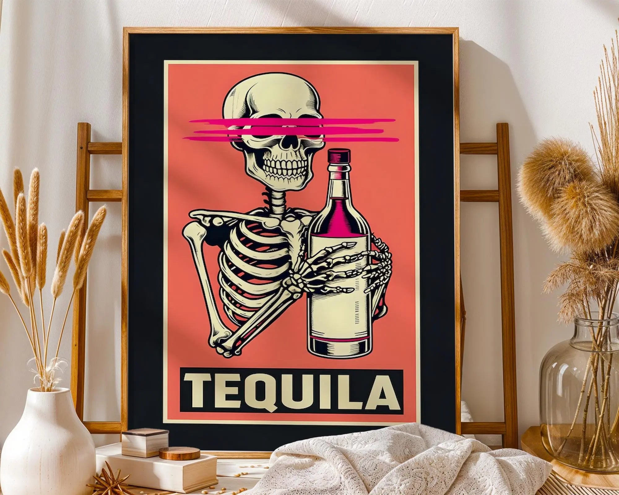 Positive Emotion | Tequila Skeleton Wall Art | Funny Drinking Poster | Bold Retro Bar Decor wall art print, modern home decor, unframed artwork by Nomad & Nest