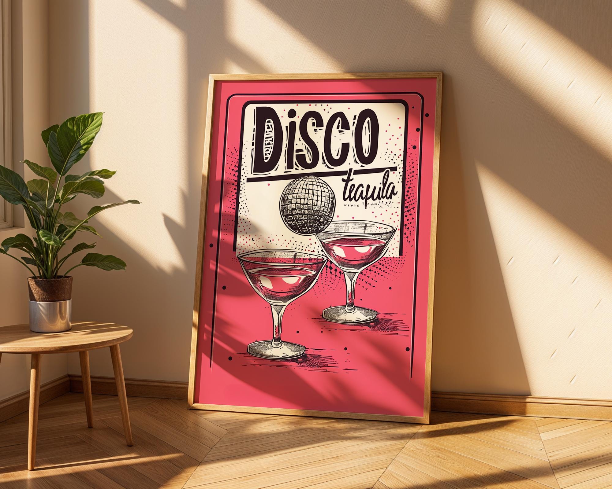 Colourful Prints | Disco Tequila Cocktail Print | Retro Pink Bar Decor wall art print, modern home decor, unframed artwork by Nomad & Nest