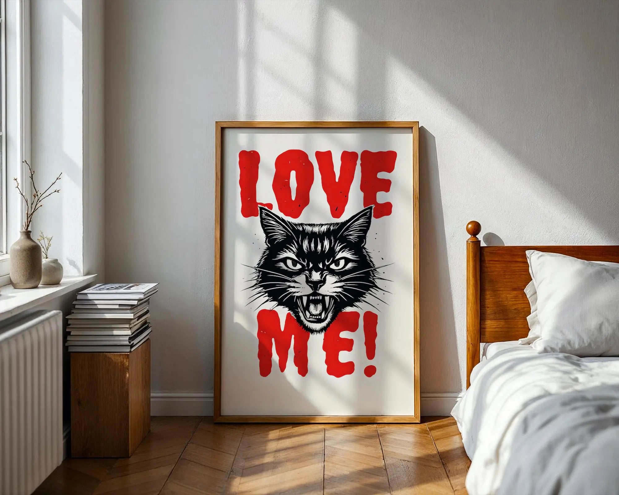 Positive Emotion | Love Me Cat Wall Art | Fierce Feline Illustration | Bold Funny Animal Poster wall art print, modern home decor, unframed artwork by Nomad & Nest