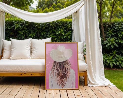 Coastal Cowgirl Art Print | Blonde Hair, Pink Western Decor wall art print, modern home decor, unframed artwork by Nomad & Nest