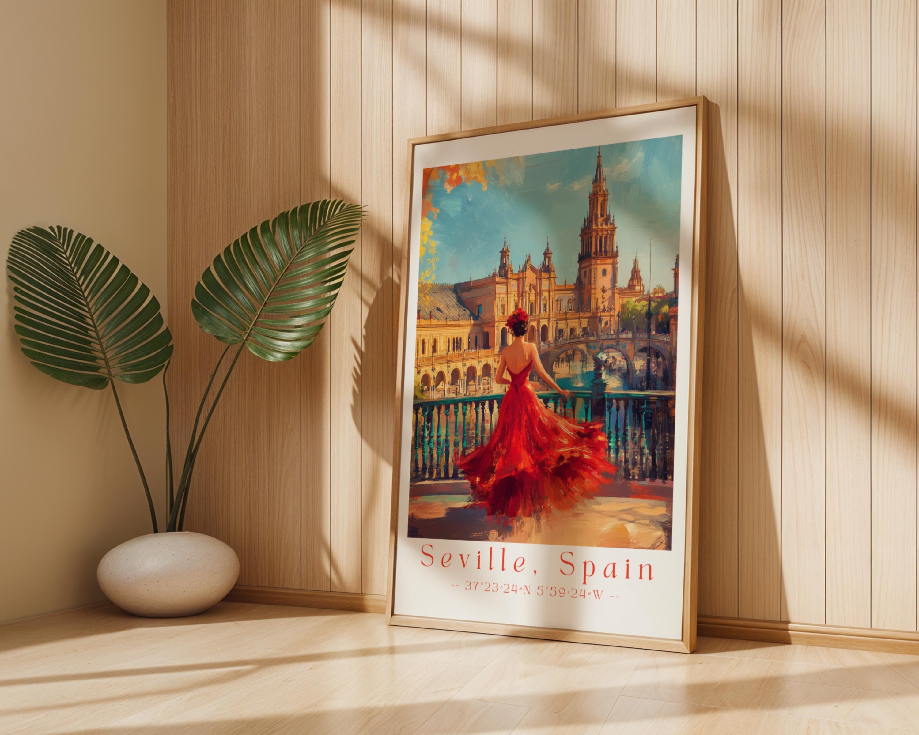 Seville Spain Travel Poster | Flamenco Dancer, Plaza de España Print wall art print, modern home decor, unframed artwork by Nomad & Nest