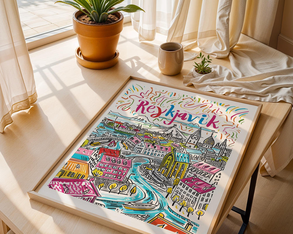 Reykjavik Iceland Travel Poster | Colorful Nordic Cityscape Art Print wall art print, modern home decor, unframed artwork by Nomad & Nest