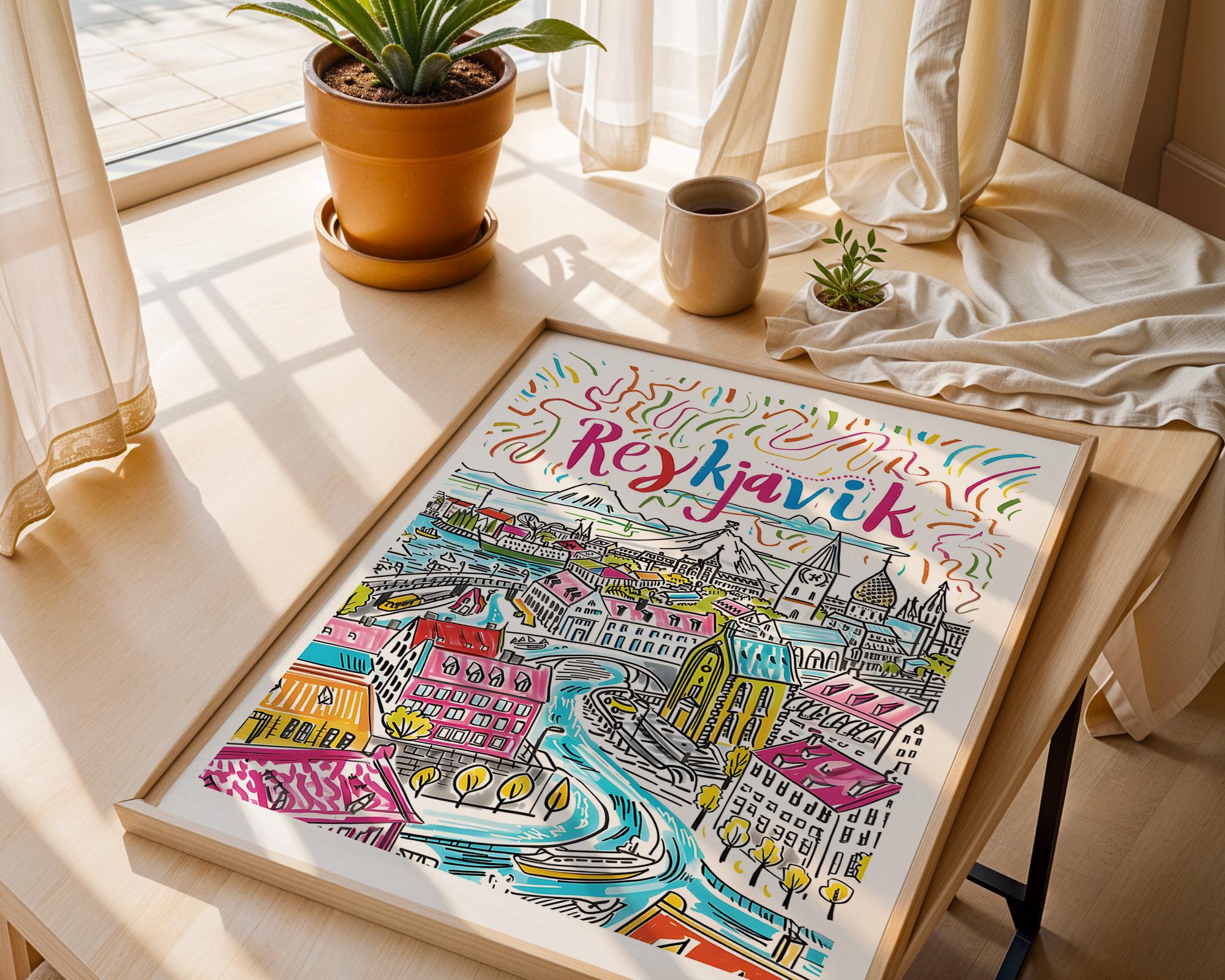Reykjavik Iceland Travel Poster | Colorful Nordic Cityscape Art Print wall art print, modern home decor, unframed artwork by Nomad & Nest