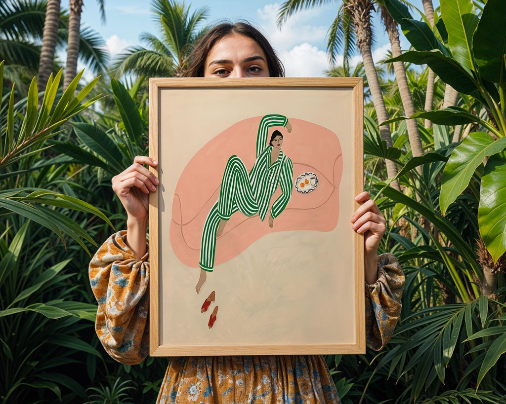 Woman in Pajamas Art Print | Minimalist Lounging Illustration wall art print, modern home decor, unframed artwork by Nomad & Nest